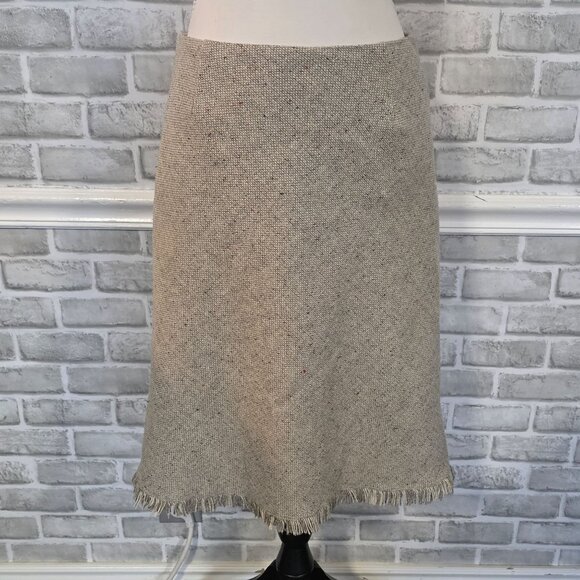 Sweet Salt Taupe Wool Blend A line Skirt Tweed Fringe Hem Preppy Acadamia Small - Picture 9 of 9